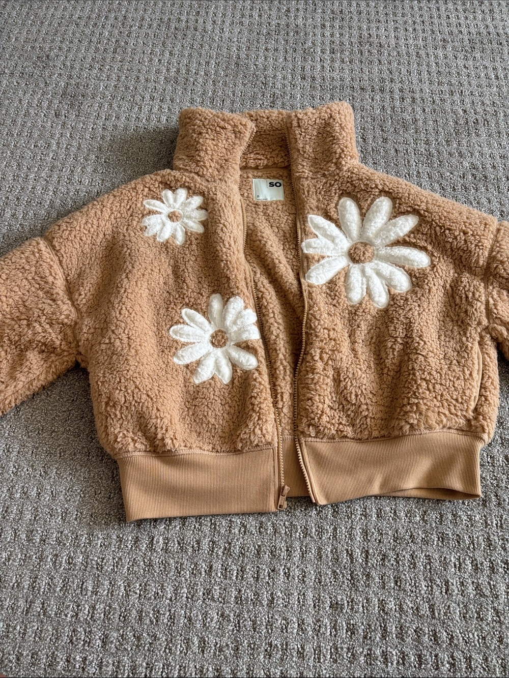 SO Tan Teddy Puffer Jacket with White Daisy Appliqués